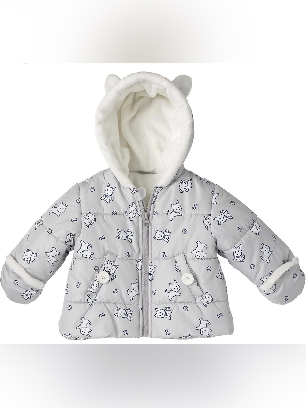 London Fog Baby Puffer Jacket Size 0-6 Months Fur Lined Hood Gray w/ White Dogs